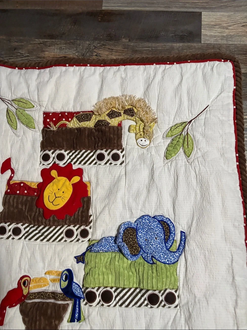 Neutral Cotton Baby Quilt in White and Brown with Red Accent #007